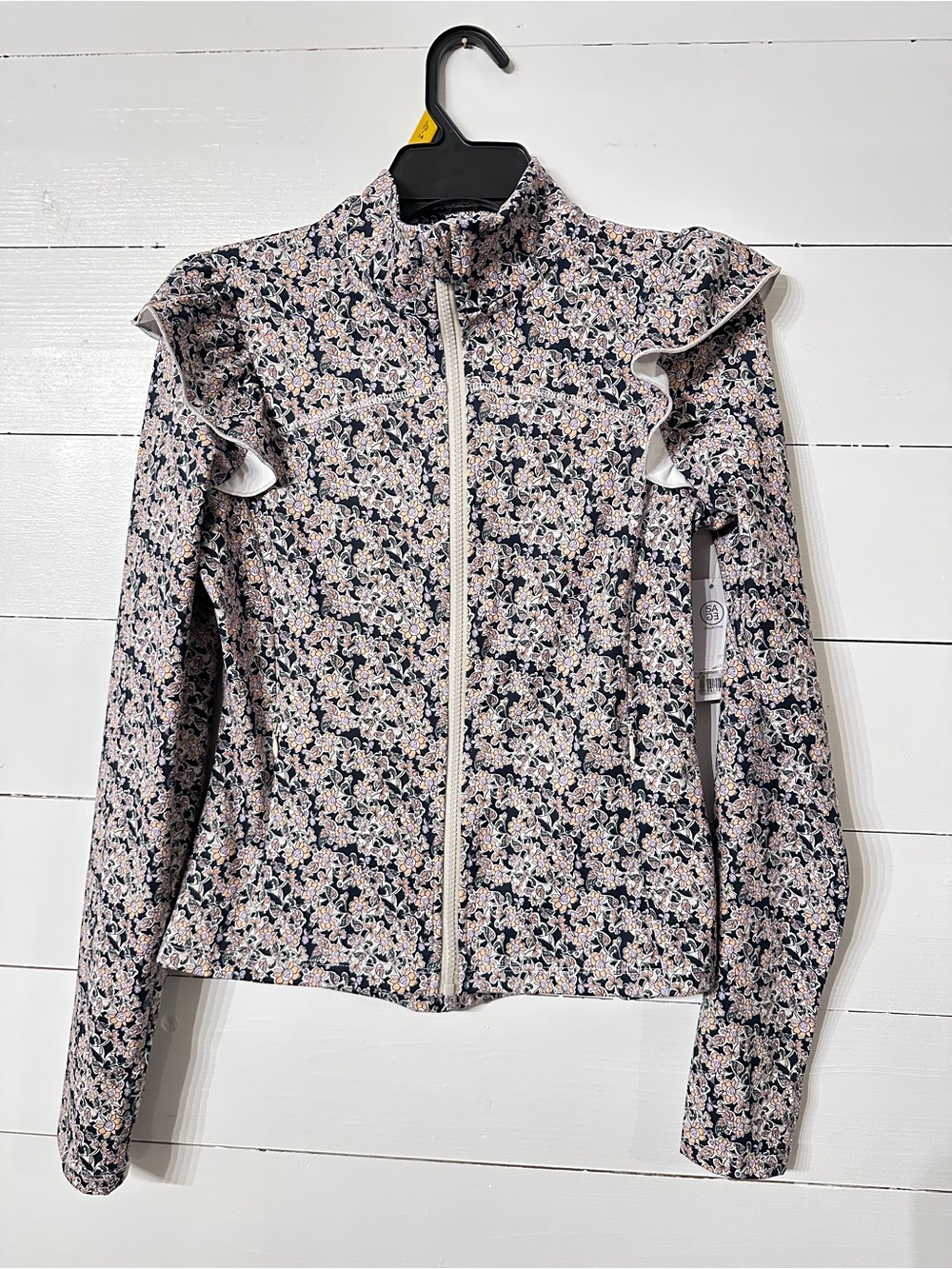 Sage Collective Floral Ruffle Zip Bomber Jacket - Black & Pink